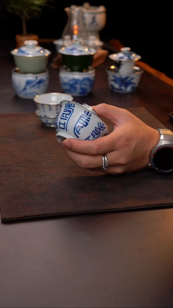 手绘福禄寿喜盖碗三包银口