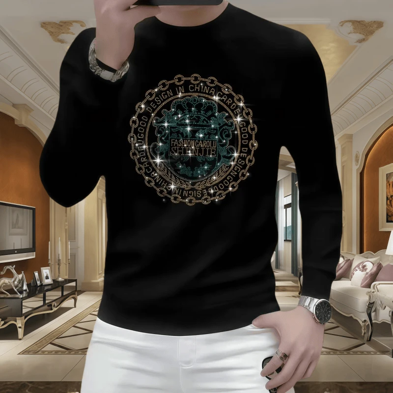 潮流打底衫圆领重工烫钻长袖秋冬季男士修身百搭时尚休闲套头卫衣