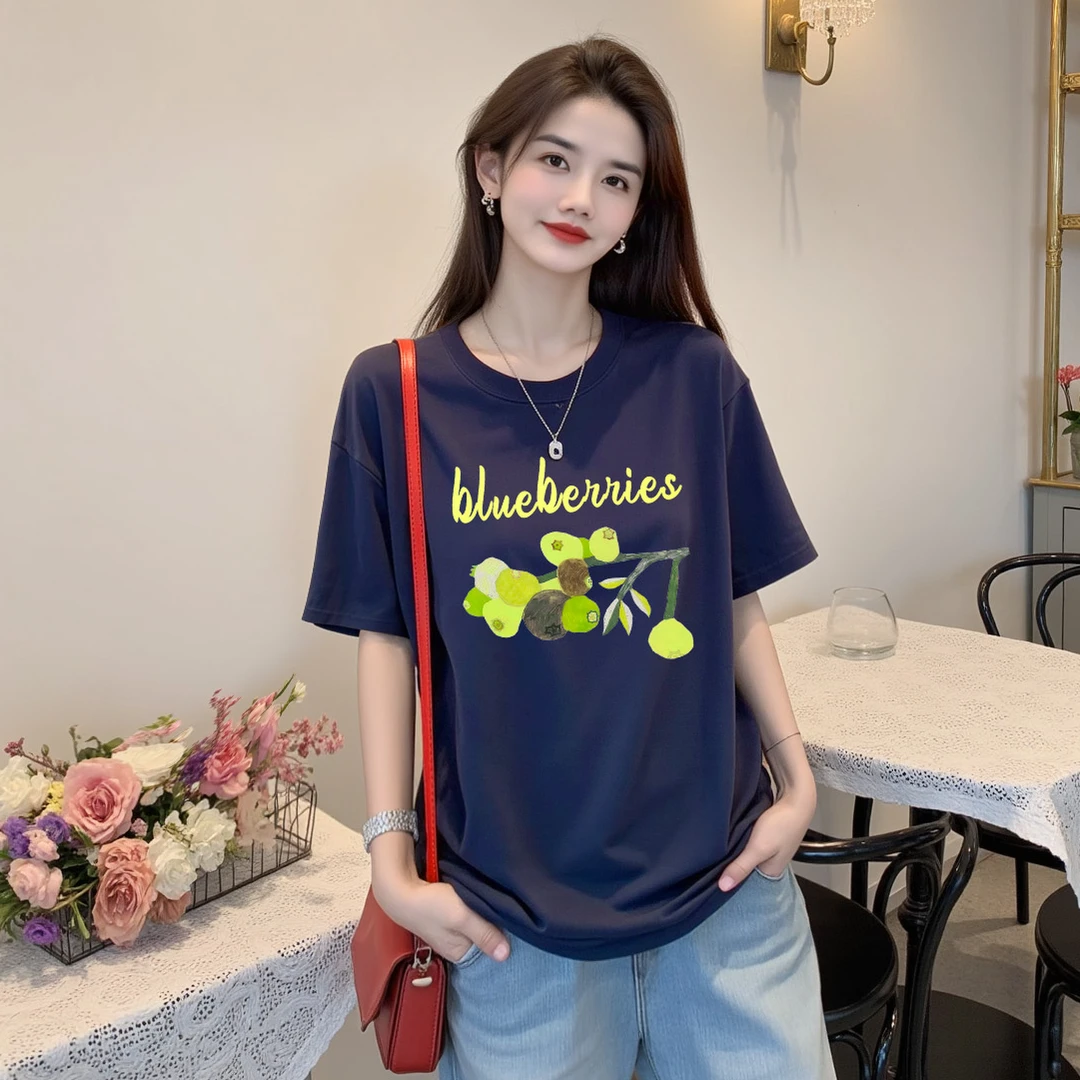 【绘青枝】纯棉宽松显瘦短袖T恤印花圆领时尚休闲百搭上衣