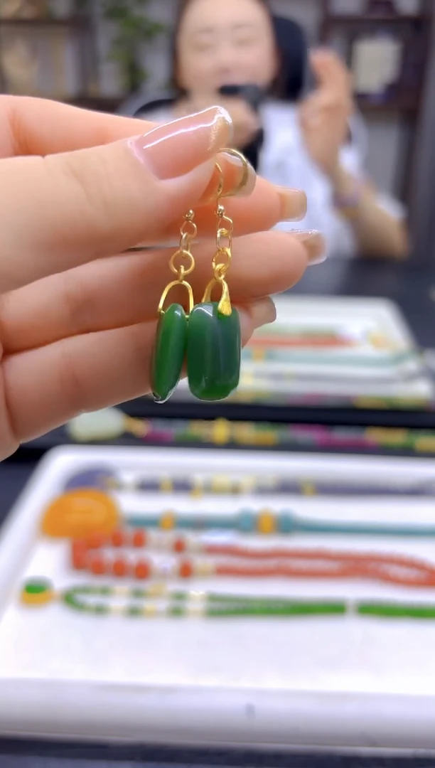 和田玉（碧玉）14K金镶嵌耳饰DIY款E171