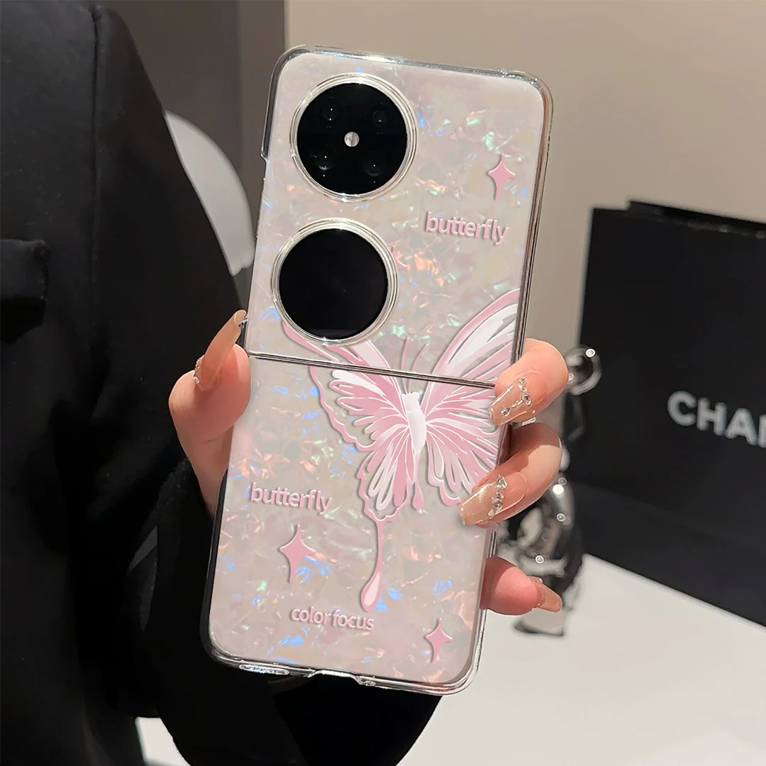 适用华为POCKET2手机壳贝壳纹折叠FINDN3FLIP粉色蝴蝶