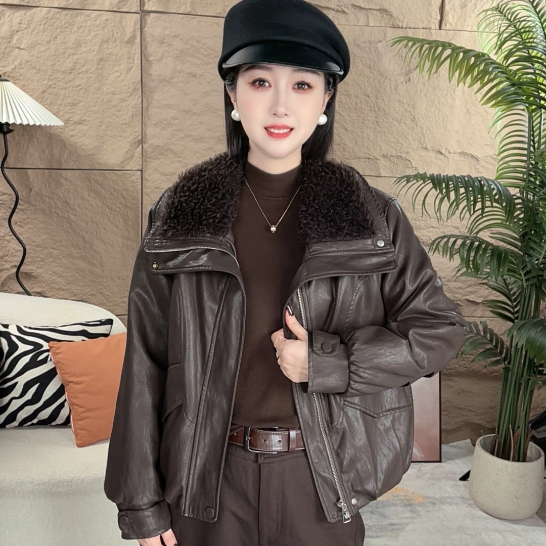 冬季毛毛外套皮毛领翻领欧版高档皮水洗皮软皮气质显瘦休闲外套