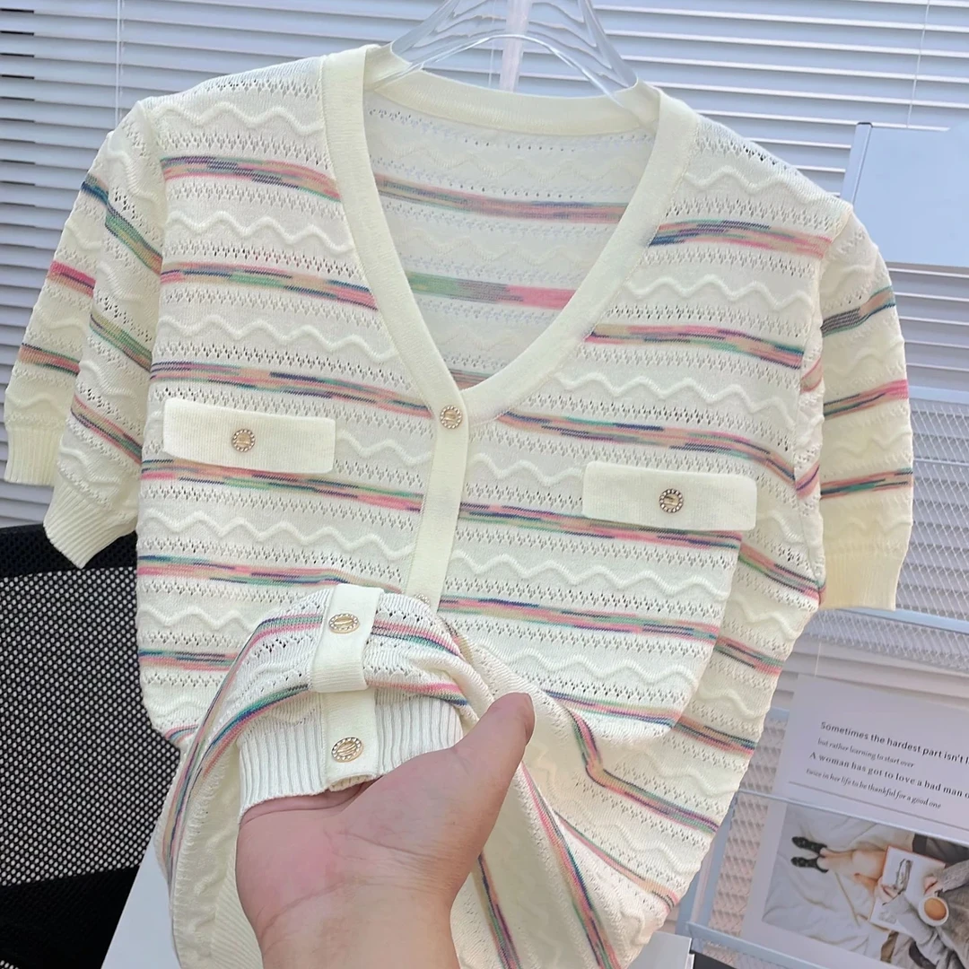 【80-180斤】夏季渐变色法式小香风条纹冰丝针织衫女V领短袖薄款T恤