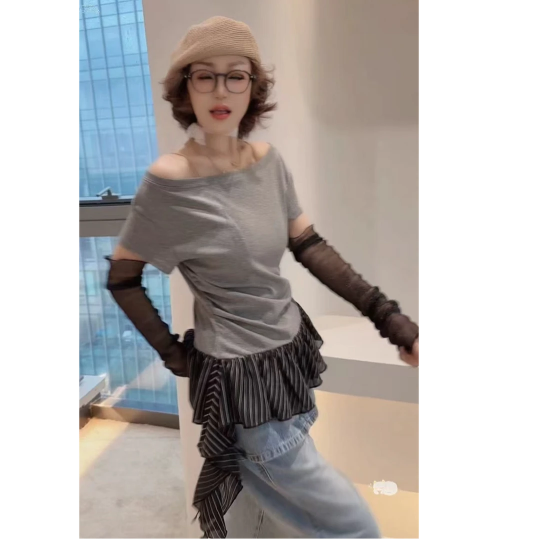 [68岁小姐姐]2025夏季一字肩下摆荷叶边拼接设计感短袖AB66 7500