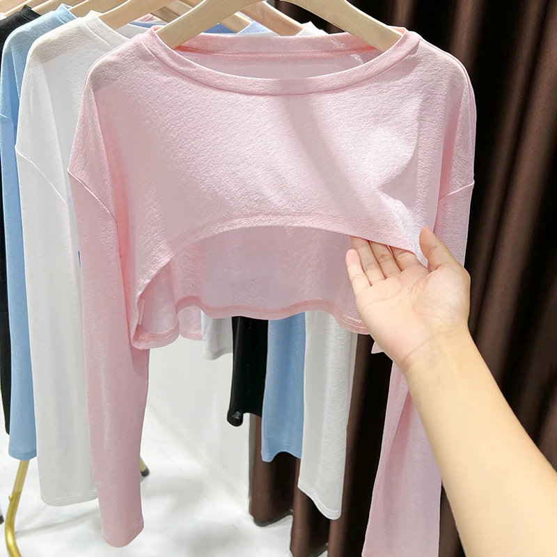 冰丝防晒衣女士夏季薄款别致镂空面膜罩衫小个子辣妹短款长袖T恤