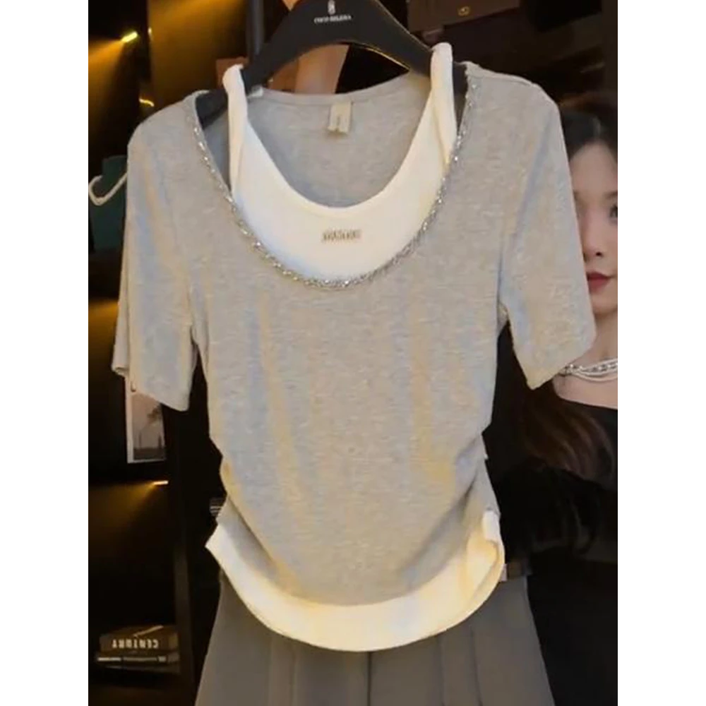 撞色拼接假两件短袖t恤女夏新款设计感小众气质褶皱收腰别致上衣