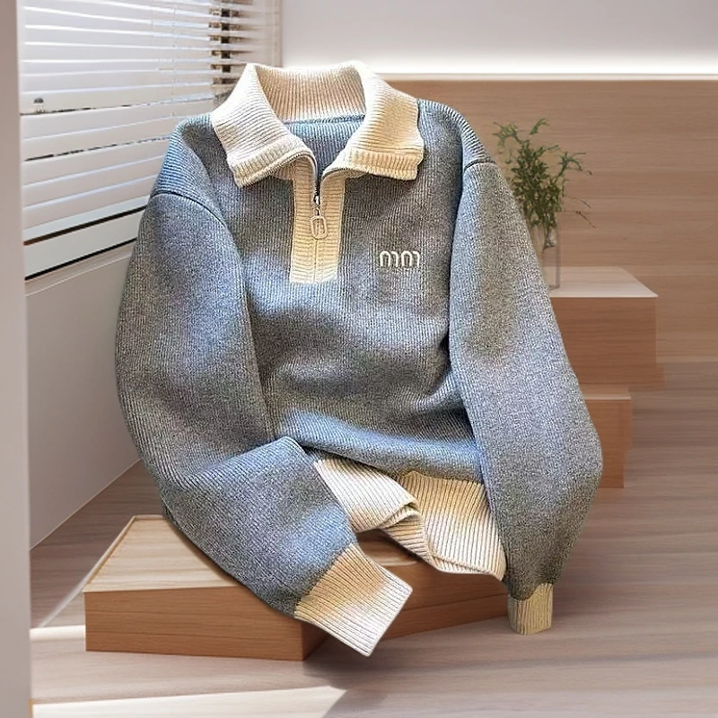 春装女款爆款2025新款POLO领上衣女微宽松显瘦减龄撞色刺绣毛衣