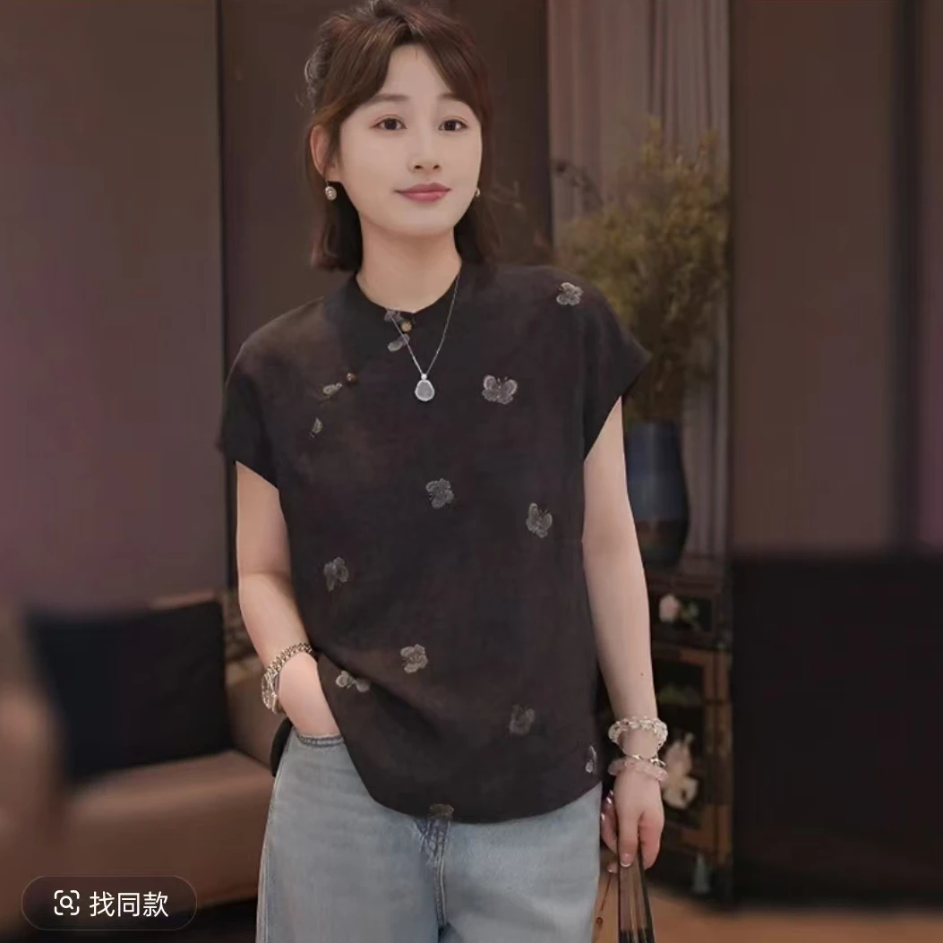 【龟裂纹】2025夏季新款国风立领斜襟重工蝴蝶刺绣宽松显瘦小衫371