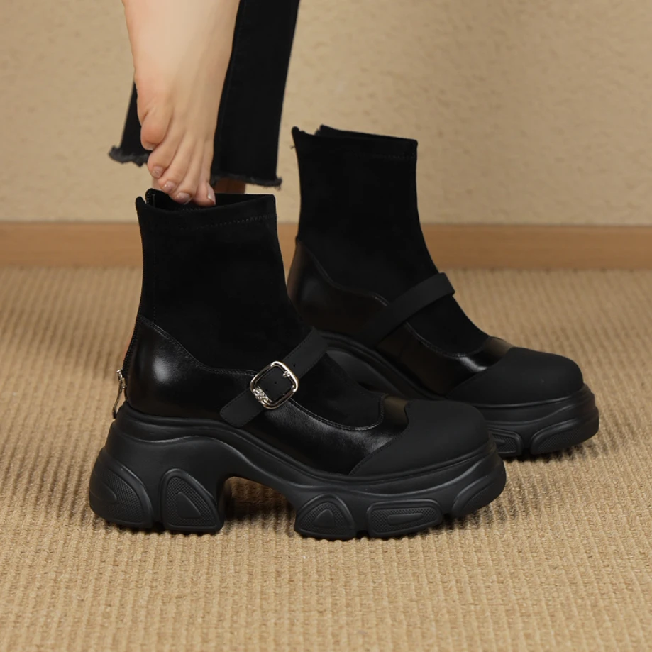 RubyL/7cm小个子通勤百搭拼接后拉链搭扣圆头厚底粗跟弹力靴女款