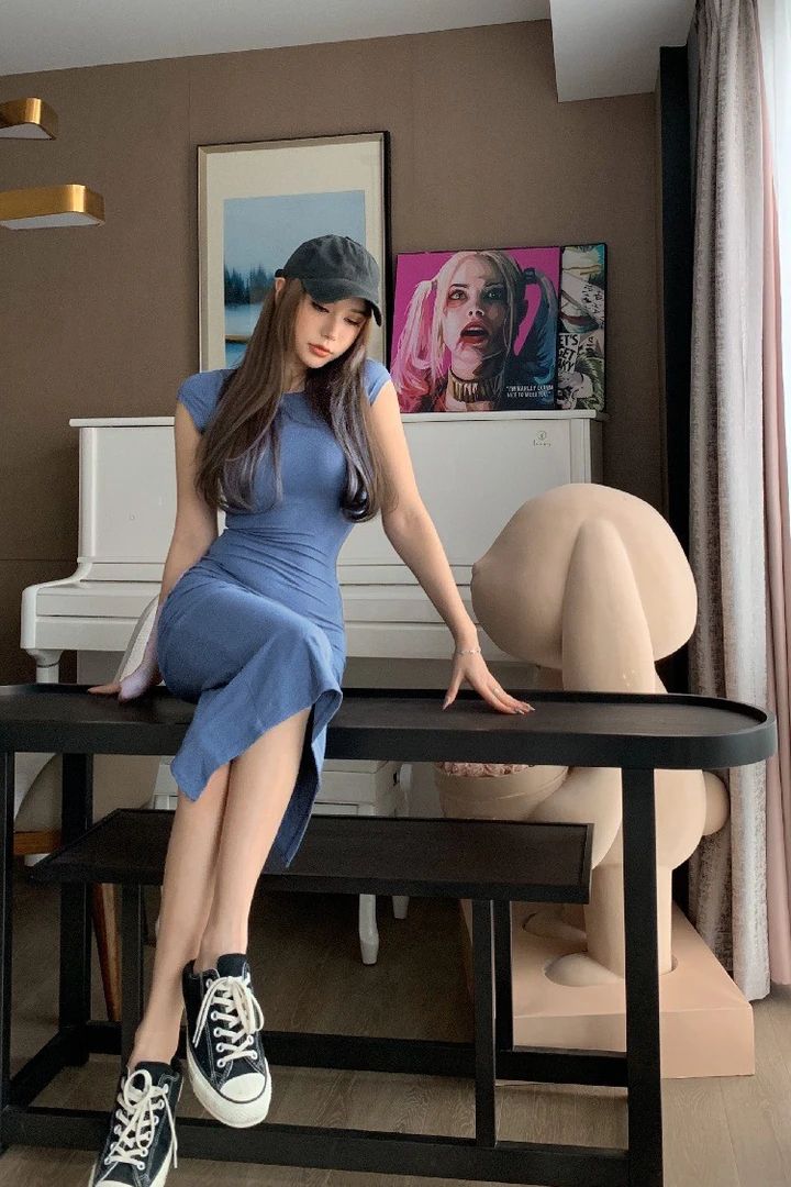 韩版纯色欲风百搭修身开叉半肩性感连衣裙后过膝包臀中长裙显瘦潮