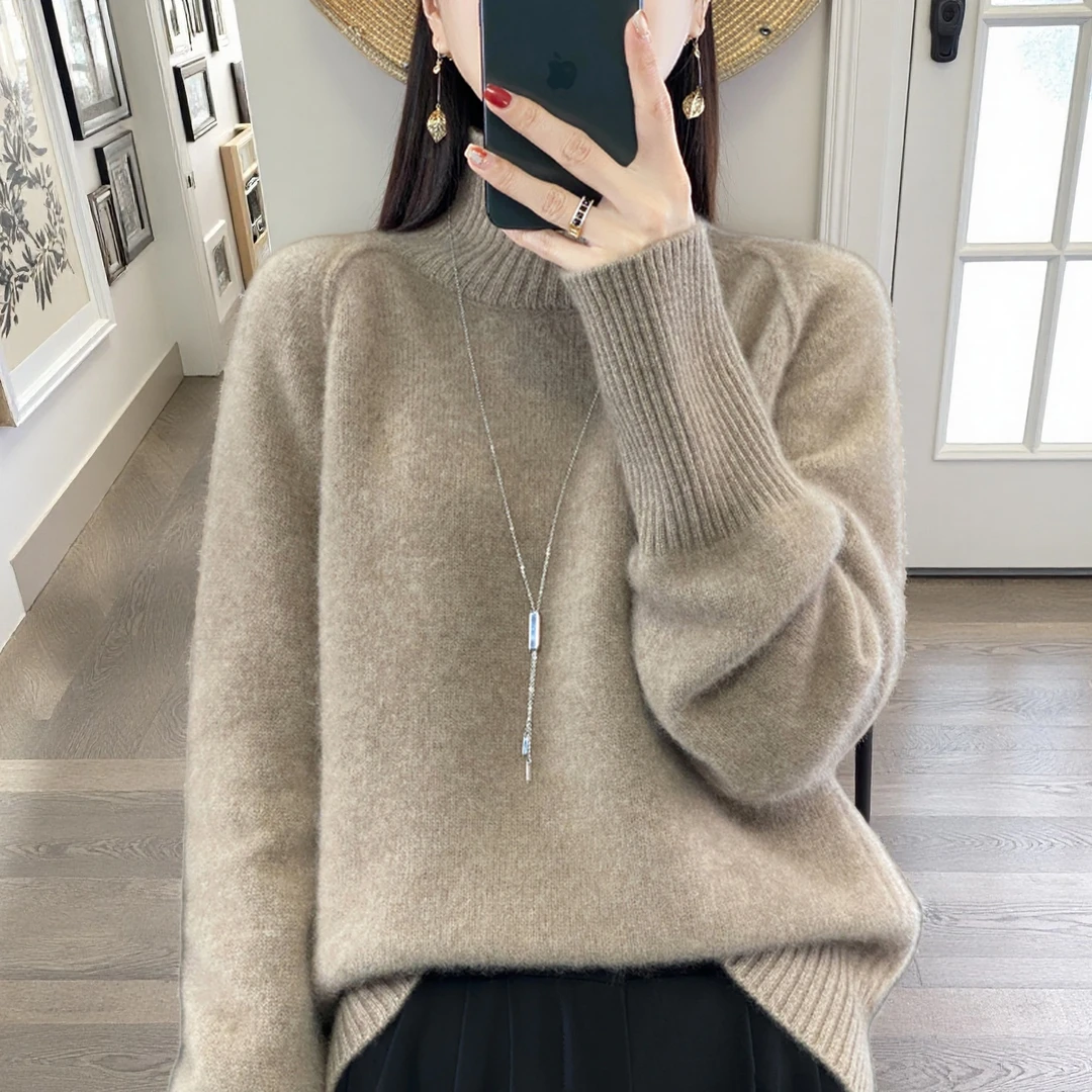 针织纯100羊绒衫半高领女厚款衫纯色长袖百搭秋冬季洋气女士毛衣