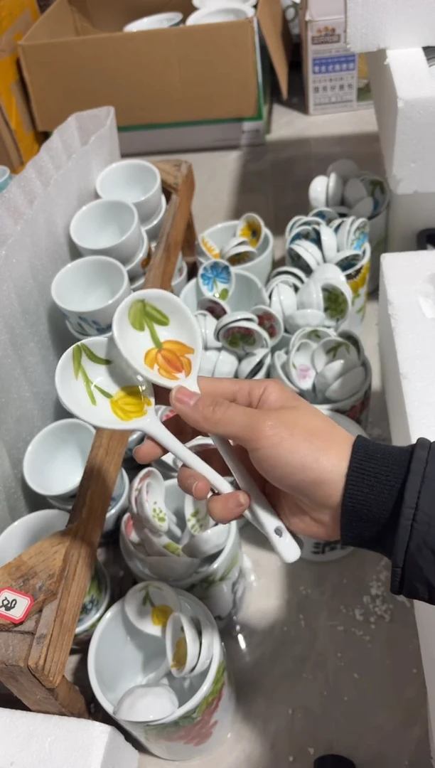 景德镇高温陶瓷食品级手绘釉中彩-长柄勺一对