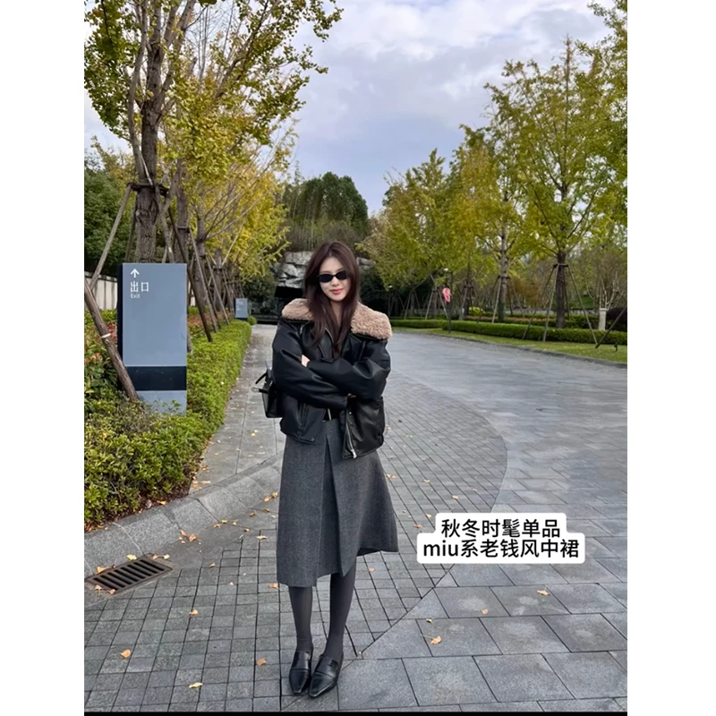 复古灰色中裙毛呢半身裙女2025新款百搭显瘦高腰半裙包臀a字裙女