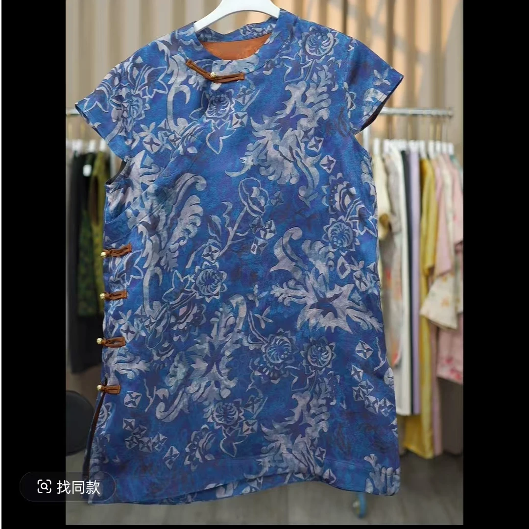 【青花瓷中长款澳黛】夏季上衣气质蓝色复古中式青花瓷网红时尚389