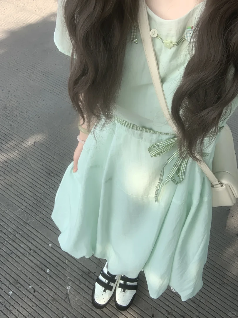 法式甜美薄荷绿短袖连衣裙女夏小个子小清新蝴蝶结收腰花苞长裙子