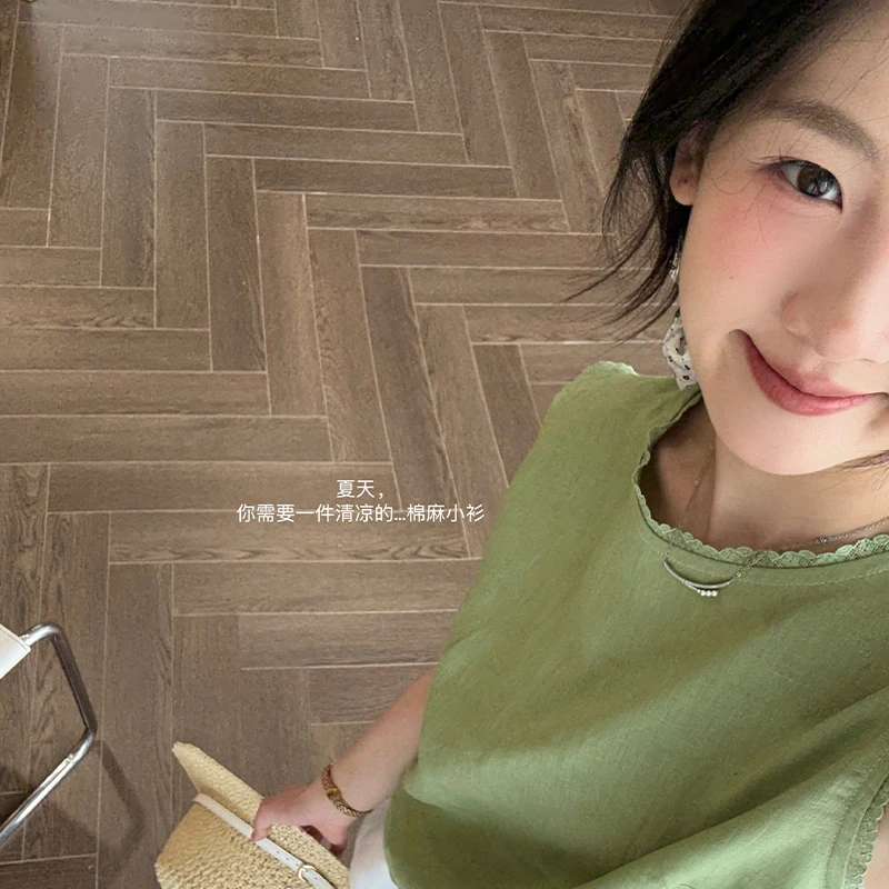 【闵笑一】青荷 小众设计夏季新款简约圆领无袖绿色显白T恤女衬衣