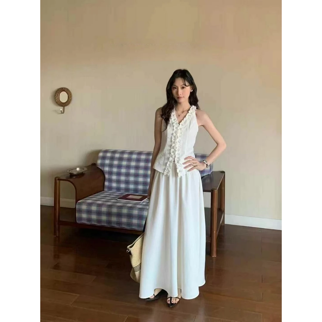 夏季显瘦套装气质白色无袖温柔背心套装女套装女生韩系ins衣服