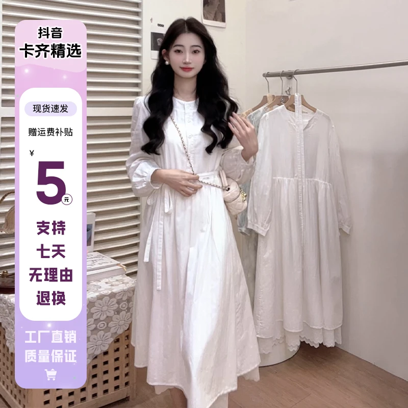 0468法式长袖白色连衣裙子春季新款女装开春气质穿搭收腰度假长裙