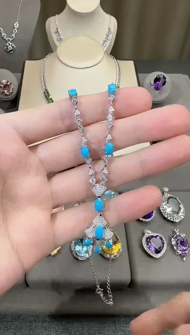 银S925镶嵌绿松石珠宝奇石6*8mm套链高级款