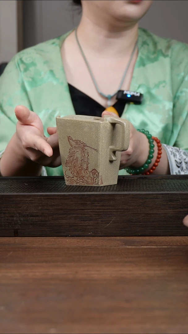 茶壶紫砂古***号本绿刻绘方公道杯 ！  小鸟