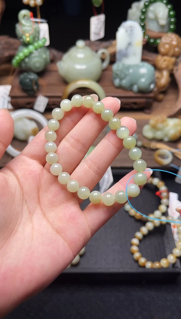 手串未镶嵌和田玉卡8若羌黄口 圆珠有瑕疵9011388