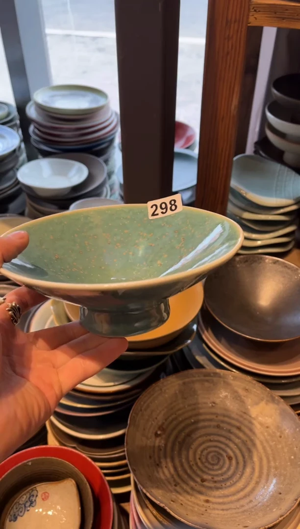 【闪购商品】瓷片298微瑕窑变绿高足斗笠碗