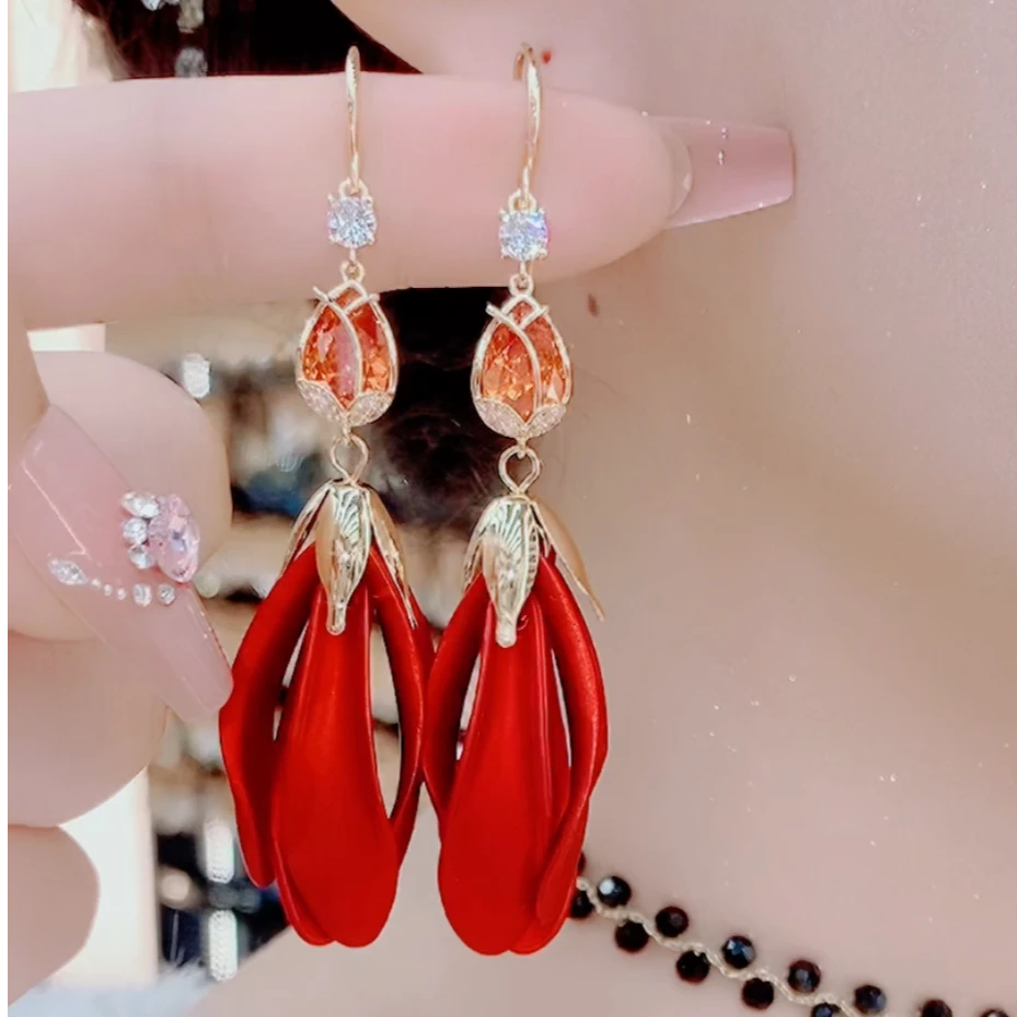 铜合金合成锆石耳饰 9874时尚气质百搭红色长款耳环