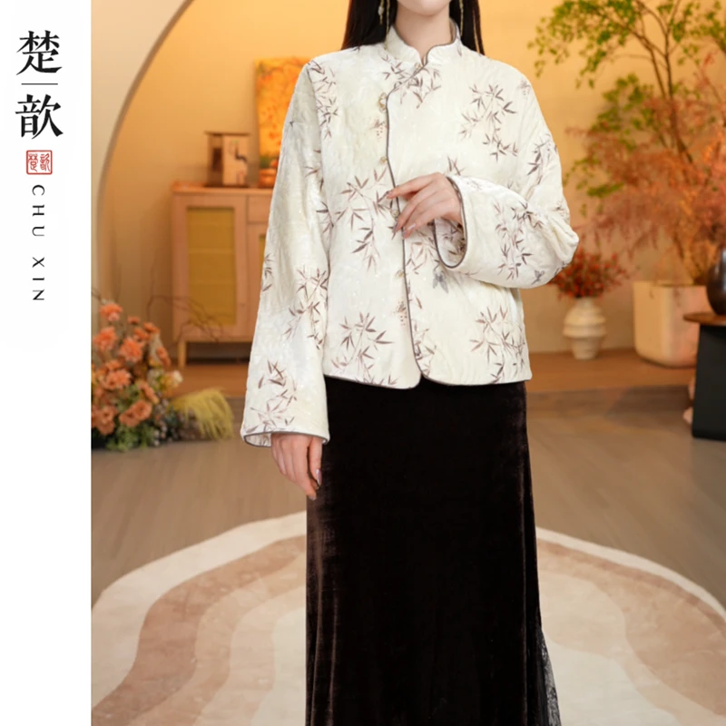 【白雪】重工非遗2025秋冬季新中式国风立领真丝绒长袖保暖外套