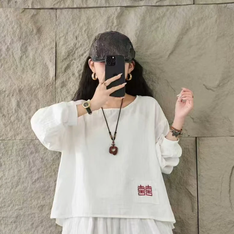 囍字刺绣秋季款双砂棉圆领套头打底衫休闲文艺范长袖小衫宽松时尚