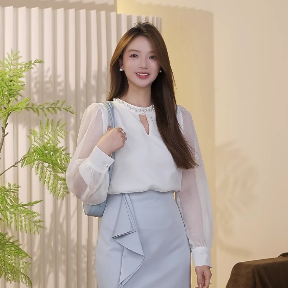【玉洁】夏季新款轻熟百搭温柔气质风小众设计感钉珠长袖衬衣1990
