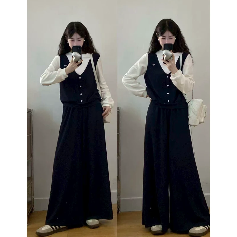 大码女装秋季新款韩版时尚气质拼接假两件上衣阔腿裤洋气显瘦套装