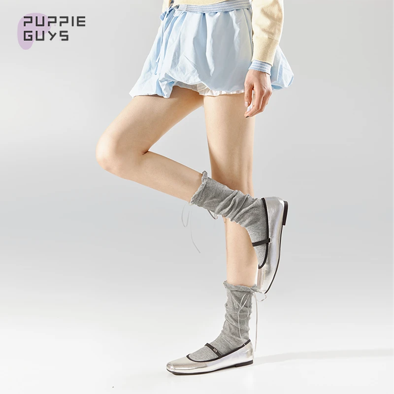 purpleguys灰色小腿袜子少女夏季薄款花边丝带蝴蝶结日系jk堆堆袜