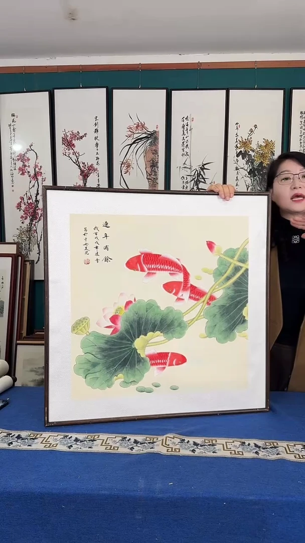 国画83*83荷花实木装裱