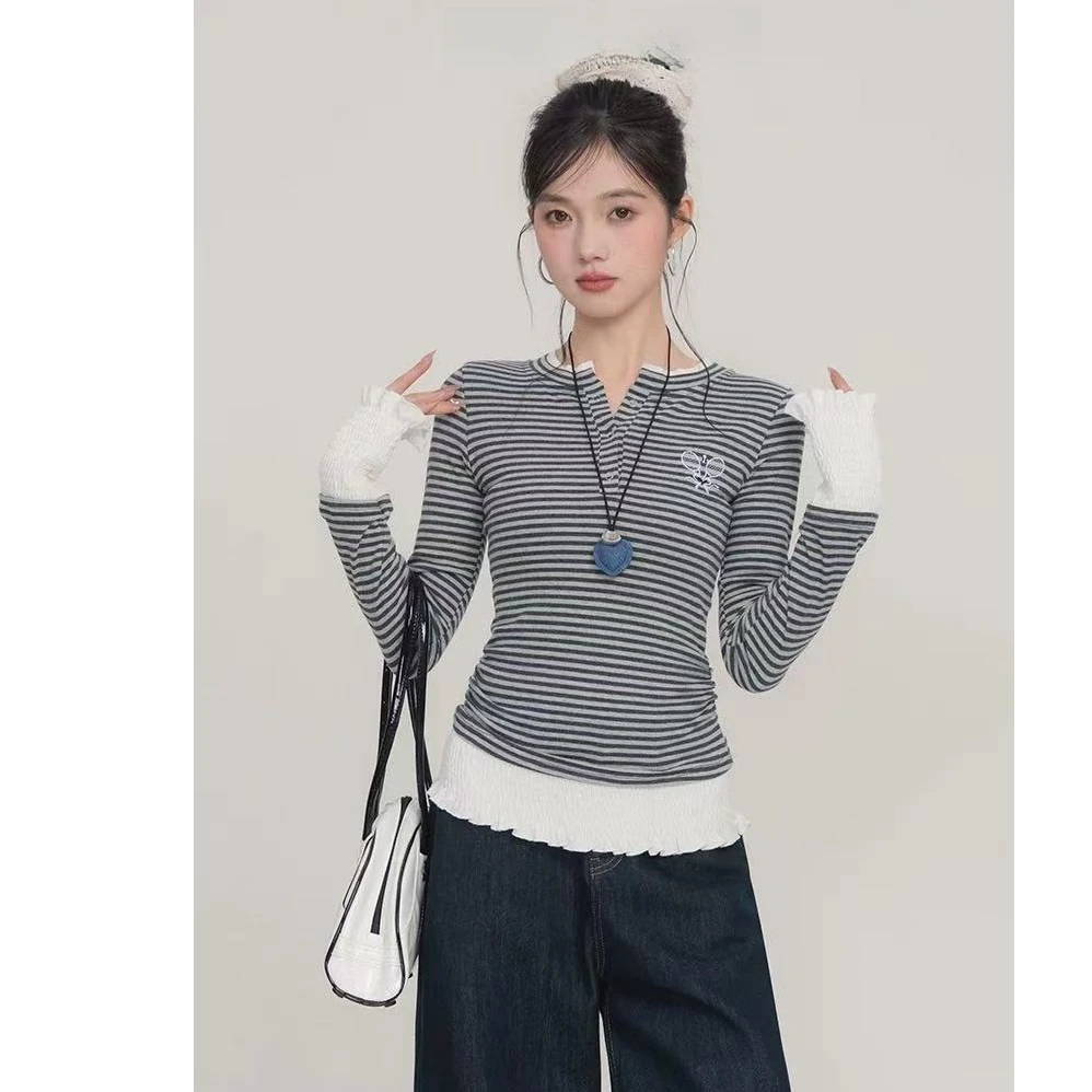 126-假两件条纹长袖木耳边打揽长袖t恤女2025春季修身上衣