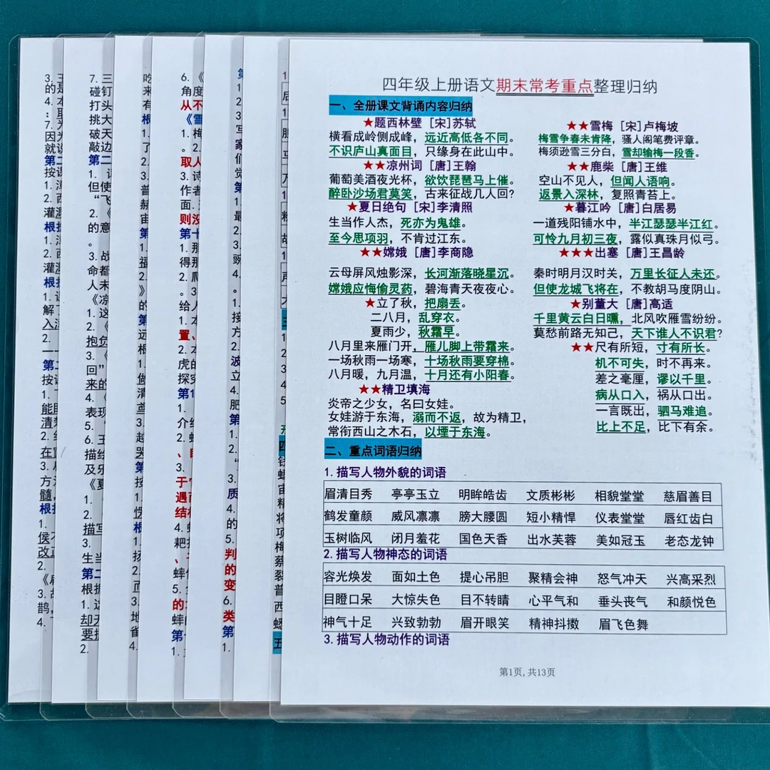 小学四年级上册语文期末常考重点整理归纳A4塑封复习巩固提升闪卡