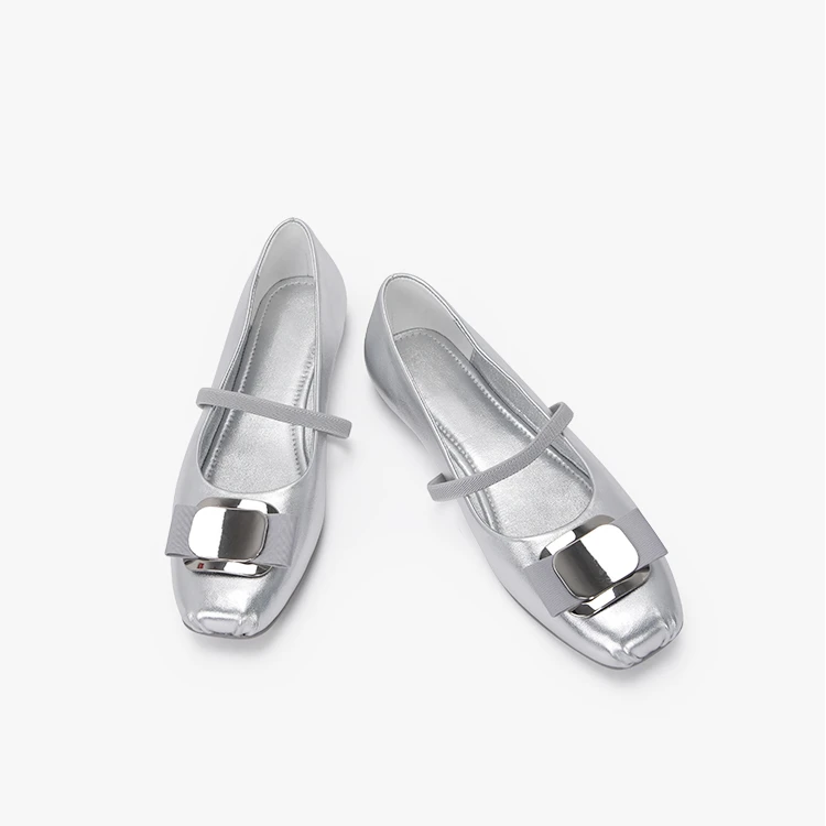 浅口芭蕾鞋平底银色玛丽珍鞋小方头一字带单鞋