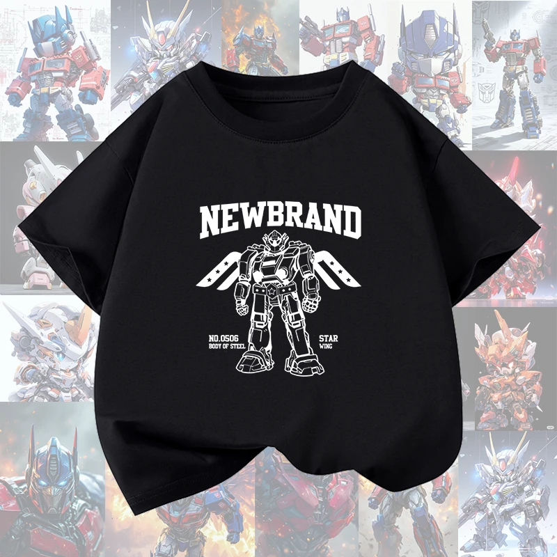 男童黑色短袖T恤夏装上衣2025新款男孩中大童t恤机器人印花打底衫