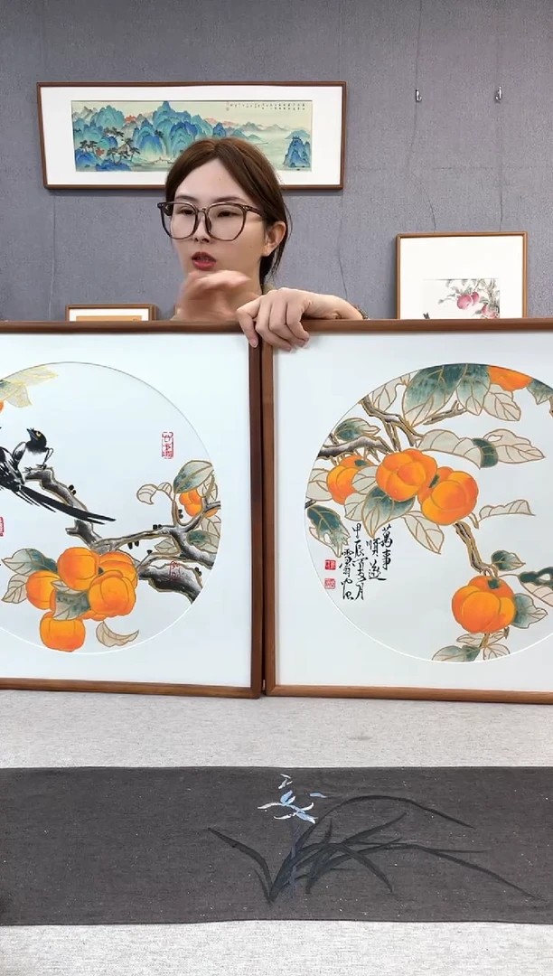 【闪购商品】国画手写手绘带框作品-52*52-柿子