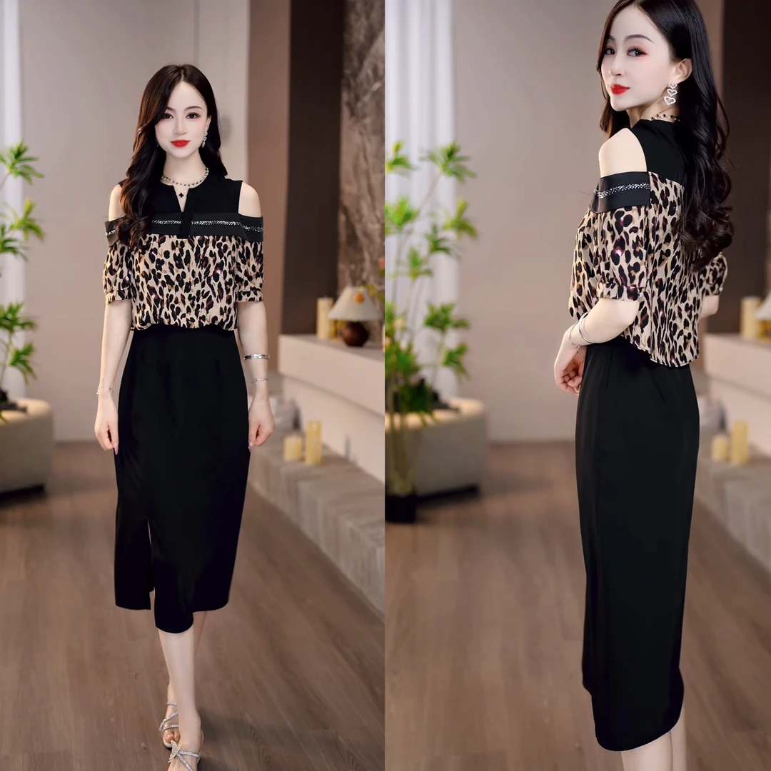 2025夏季季高级露肩假两件豹纹时尚洋气百搭连衣裙M-4XL