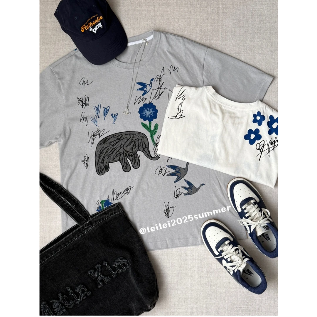 晶咕【素描大象T】设计感圆领动物图案印花宽松短袖T恤上衣