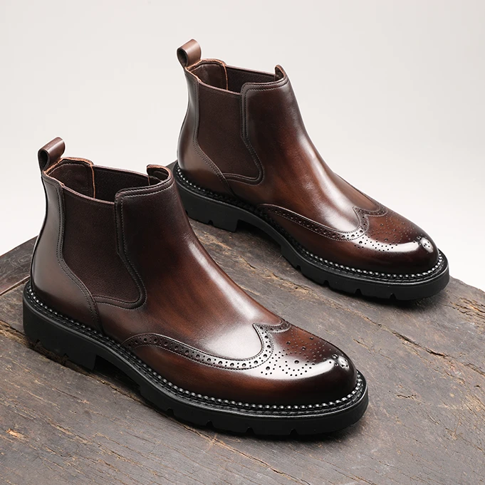 冬季布洛克切尔西靴男男士商务休闲真皮短靴英伦厚底加绒高帮皮鞋