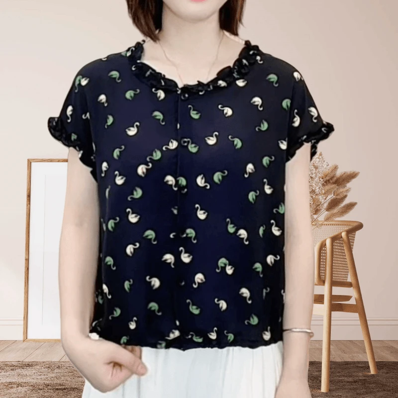时尚夏装新款气质优雅减龄上衣小天鹅印花设计感圆领百搭显瘦小衫