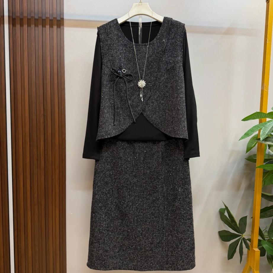 秋季新款微胖ins风时尚洋气百搭蝴蝶结设计马甲三件套套装