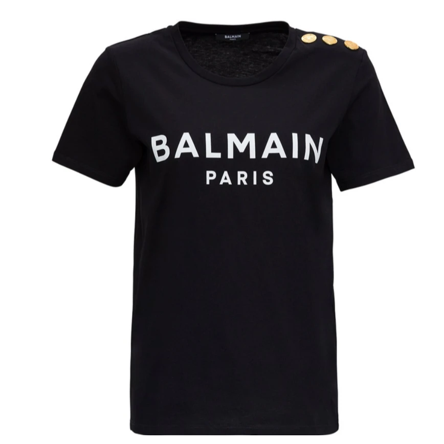 全新未使用 BALMAIN/巴尔曼 Logo印花三纽扣装饰短袖T恤 黑色/S