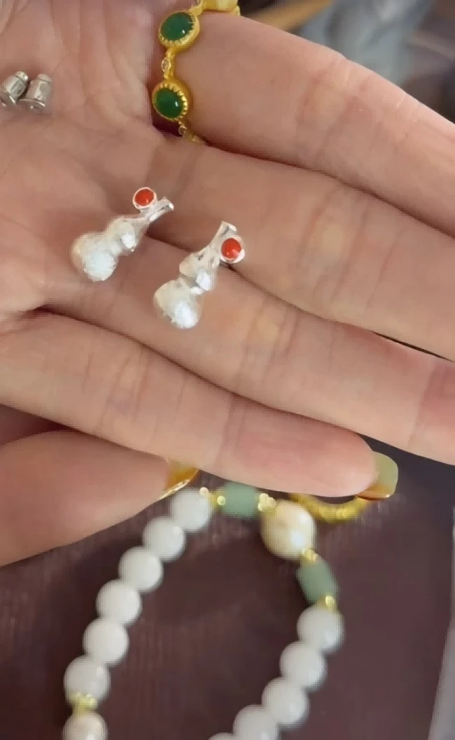 非金属仿水晶耳饰 银色小葫芦新中式耳环