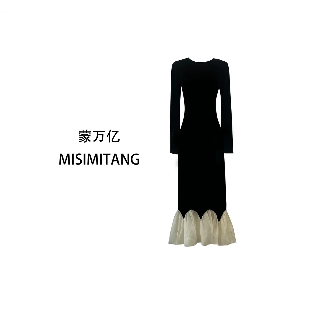 【如夜华裳】秋冬时尚长袖丝绒黑色拼接女装连衣裙红人上新轻奢气质