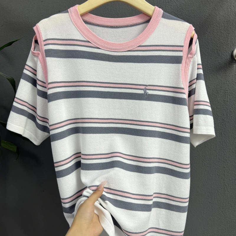 （货号028）冰丝短袖女夏季薄款条纹毛针织衫宽松圆领针织