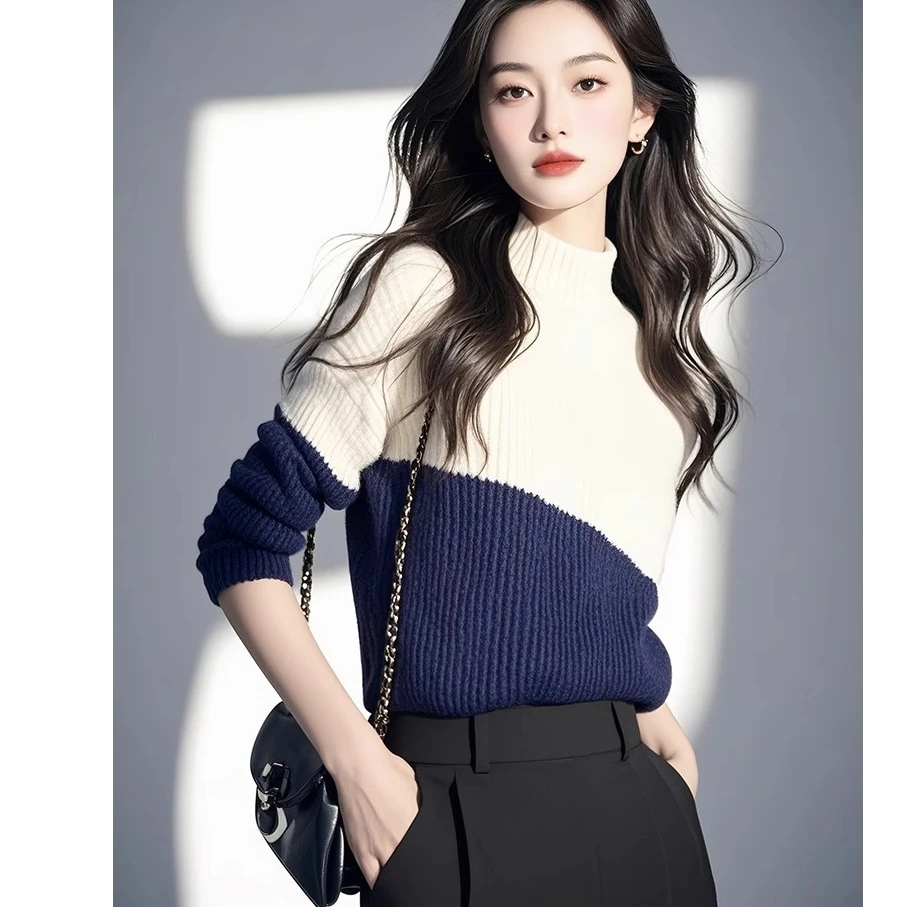 蓝白撞色半高领毛衣女2025秋冬新款气质通勤高级感针织衫打底上衣