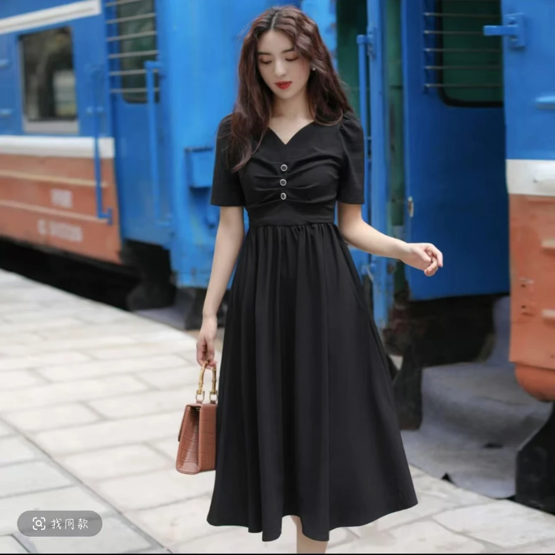 X050-X时尚高腰显瘦休闲夏季法式松紧腰收腰连衣裙