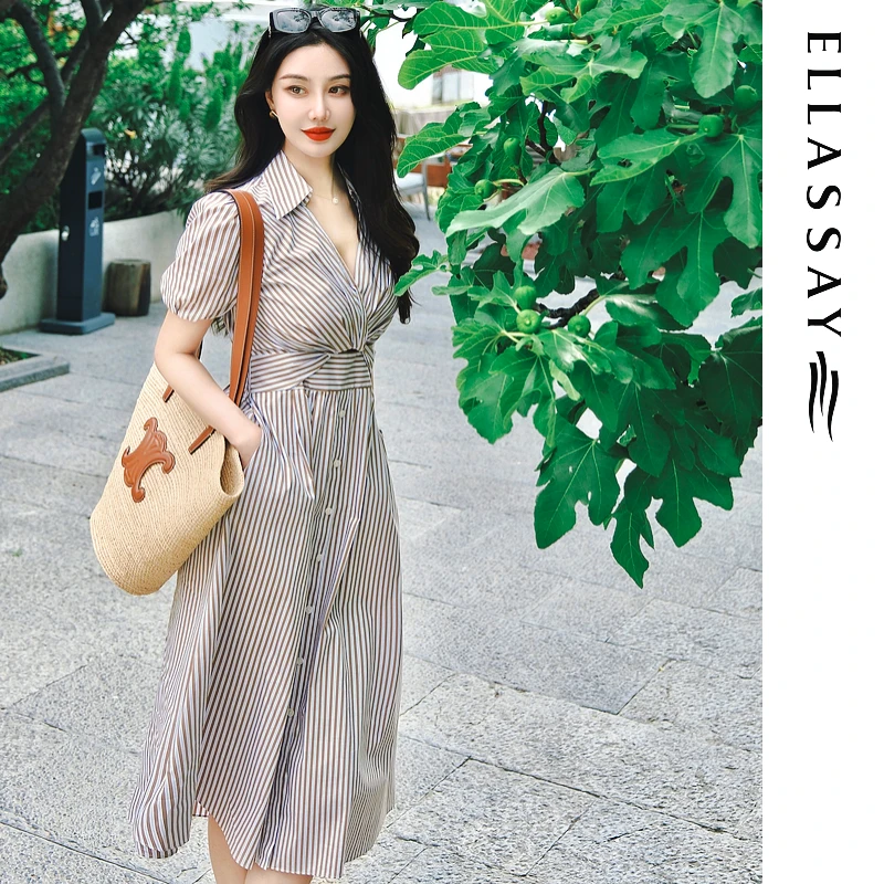 ELLASSAY歌力思秋季雅丹风棉感通勤条纹连衣裙女EWB353Y00900